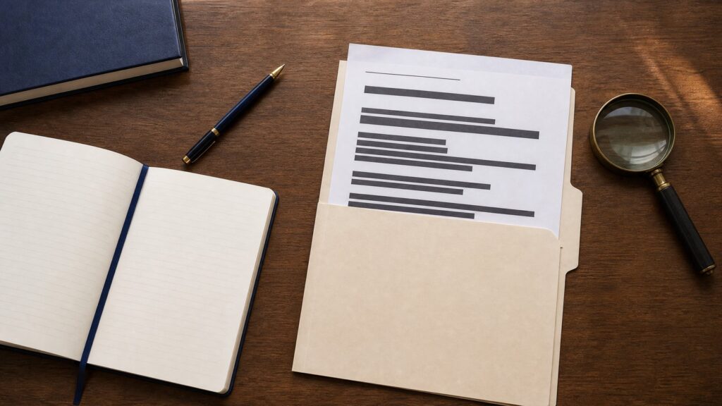Blank lined notebook with ribbon bookmark, pen, a manila folder holding a heavily redacted sheet, and a magnifying glass on a wooden desk.