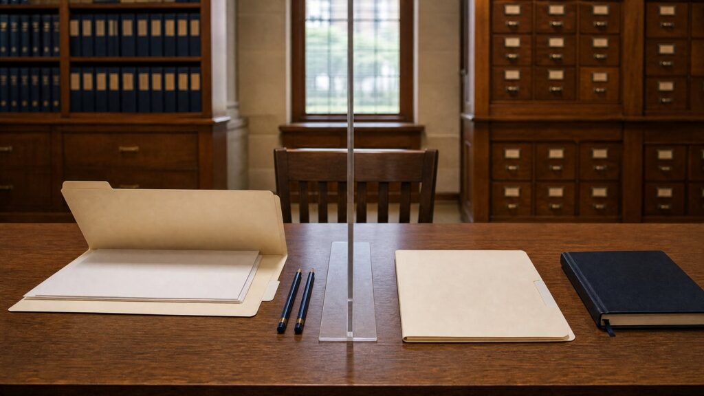 Table with an open manila folder, two pencils, a clear vertical divider, a closed folder and a black notebook, with a chair and cabinets behind.