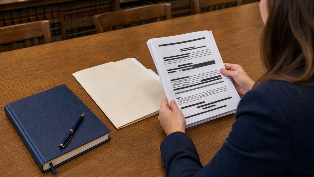 Person holding a stack of printed pages with heavy black redactions, folder, blue notebook and pen on a wooden table, shelves behind.