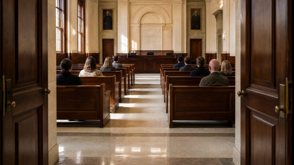 Open double doors frame a courtroom interior with rows of wooden public benches and nine people seated facing the bench at the front.