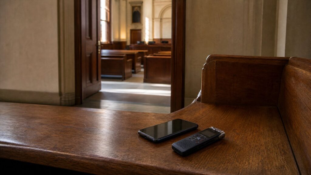 A smartphone and a handheld digital audio recorder rest on a polished wooden bench with an open door revealing empty courtroom pews.