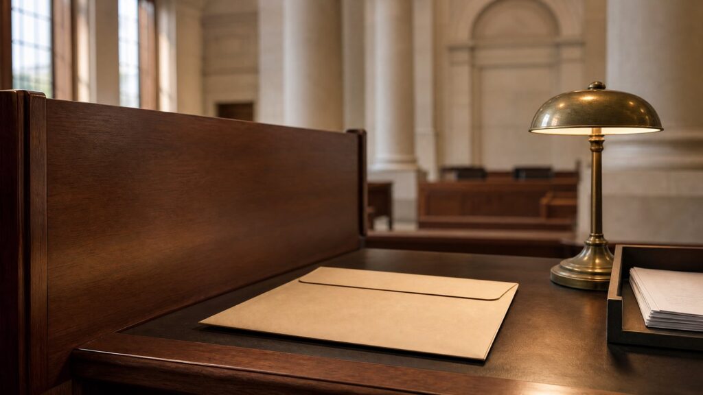 Wooden courtroom desk with a closed manila envelope, brass library-style lamp, a stack of papers in a tray, and blurred court benches and columns.