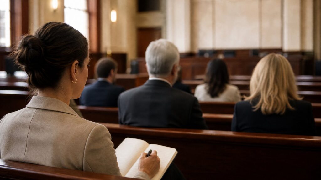 Woman with hair in a bun writing in a notebook while seated on wooden benches facing the front of a courtroom with other attendees.