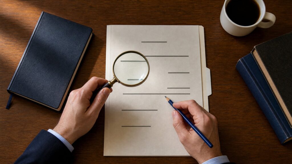 Hands over a file on a wooden desk, one holding a magnifying glass over lines and the other holding a pencil; notebook, books, and coffee visible.