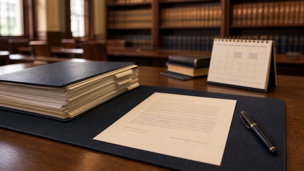 A thick bound file with many papers, a lined sheet on a desk mat, a fountain pen, a flip calendar and stacked books in a library.