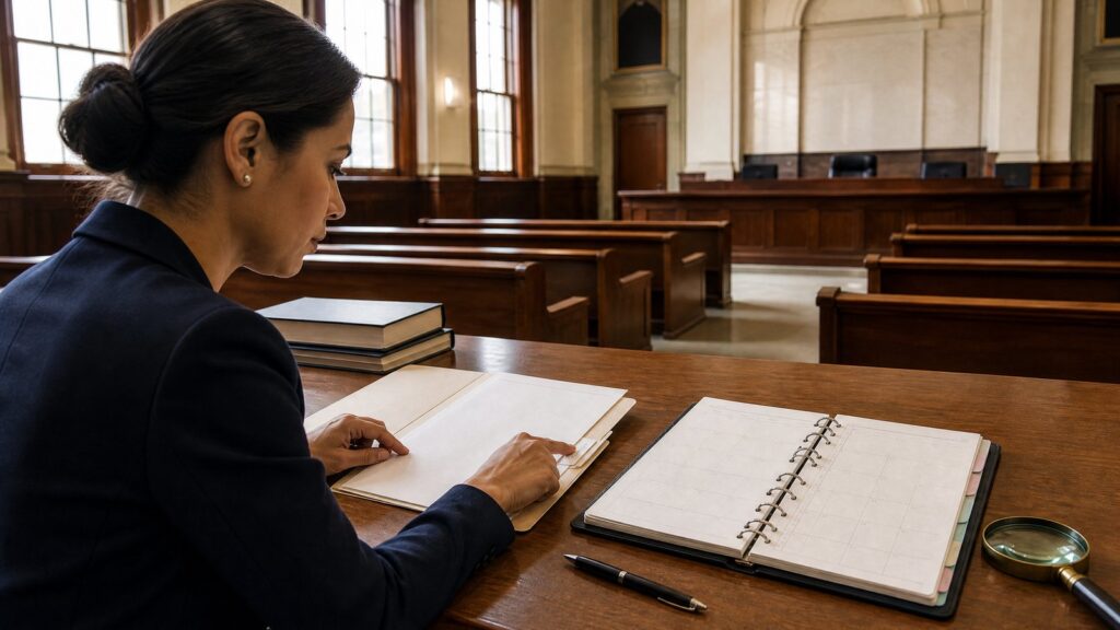 Woman seated at a wooden courtroom table reading a file while an open planner, pen, magnifying glass, and stacked books sit nearby.