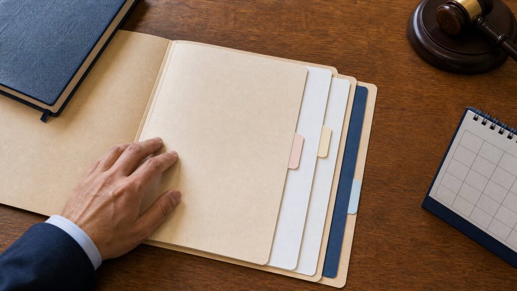 Left hand in a dark suit sleeve touching a manila file folder among tabbed folders on a wooden desk with a gavel, spiral calendar, and black notebook.