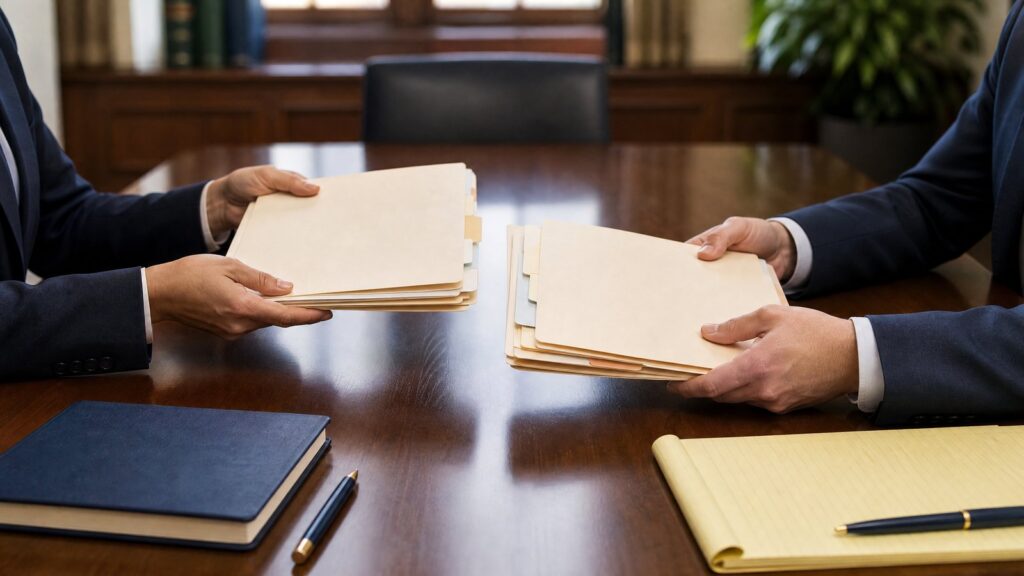 Two people in dark business suits pass stacks of manila file folders across a polished wood conference table with notebooks, pens, and a notepad.