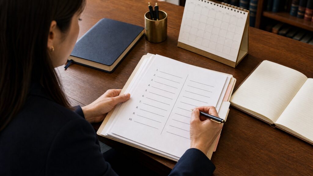 Person seen from behind at a wooden desk holding a pen and filling a numbered checklist on a clipboard with notebooks and calendar.