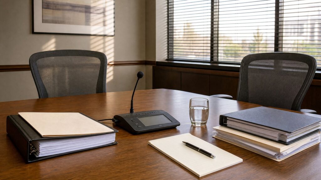 Empty conference table with two mesh chairs, a tabletop microphone, stacked binders and folders, a notepad and a glass of water.