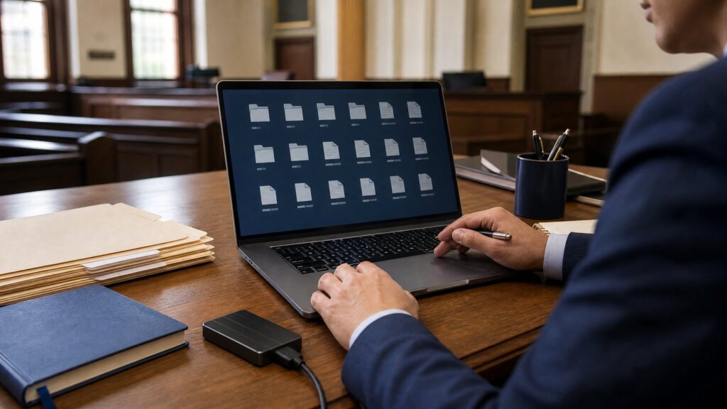 Person in a suit using a laptop showing file and folder icons on screen at a wooden courtroom desk with paper folders nearby.