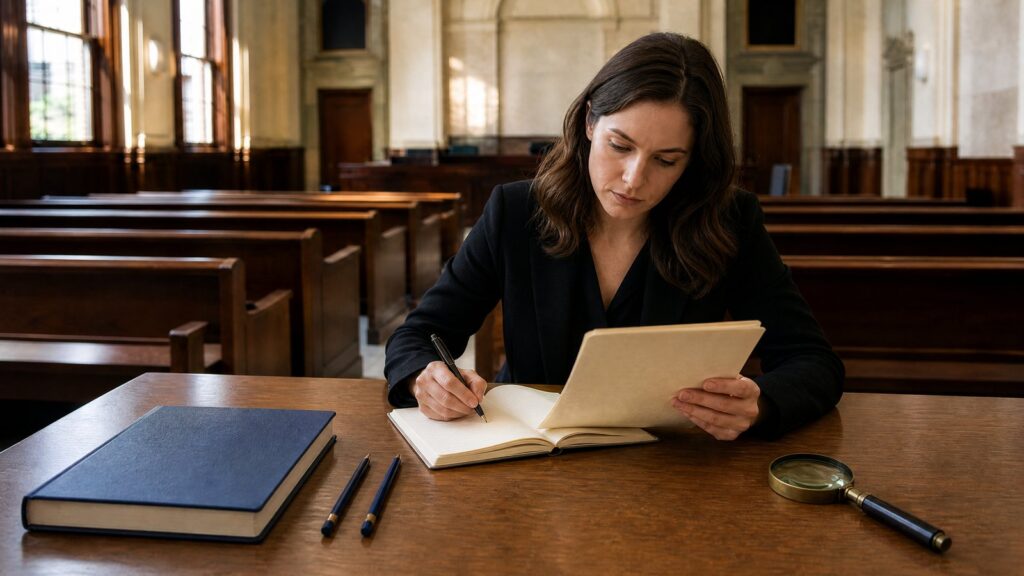 Woman seated at a wooden courtroom table reads loose papers and writes in a notebook; closed book, two pencils, and a magnifying glass nearby.