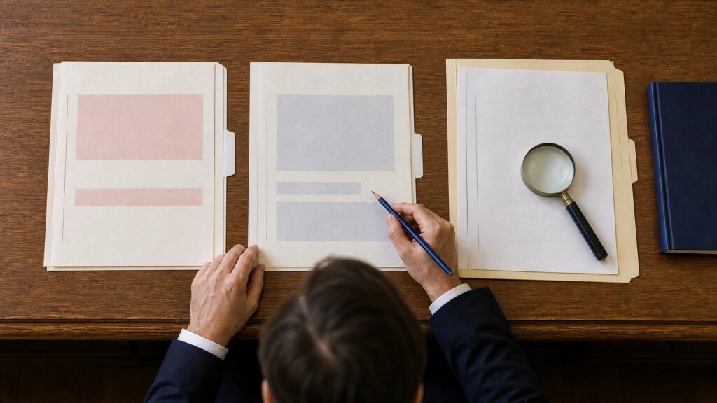Overhead view of a person's hands and the back of their head at a wooden desk with three file folders, a pencil, and a magnifying glass.