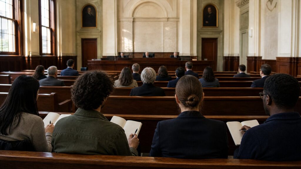 Rear view of attendees seated on wooden pews in a courtroom, four foreground figures writing in notebooks.