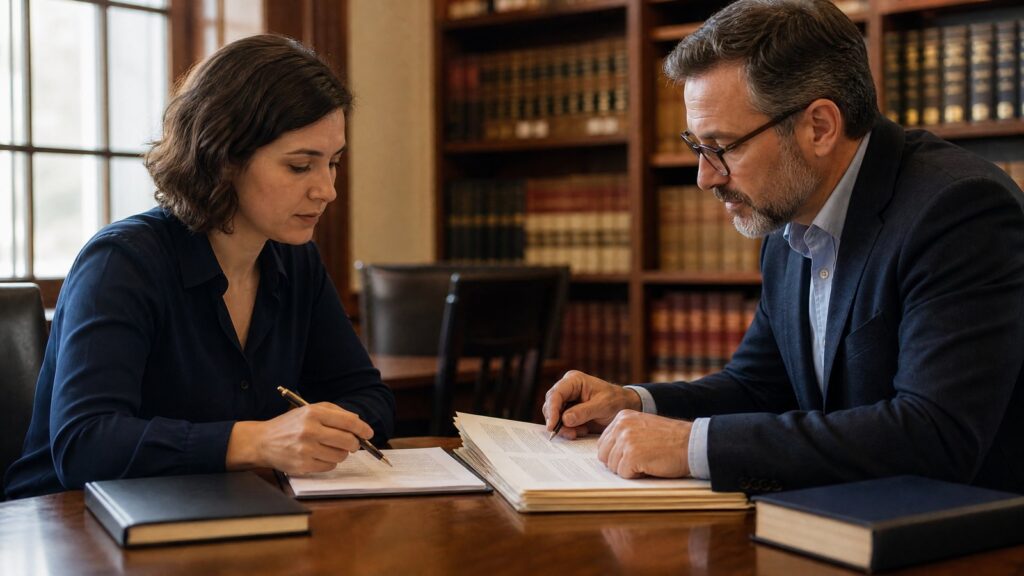 Two people seated at a wooden table in a book-lined room, reviewing printed documents with pens and closed hardcover books nearby.