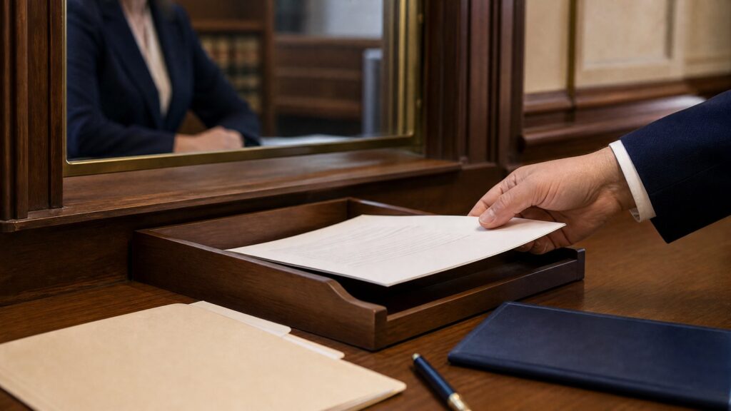 Right hand in a suit sleeve placing a paper into a wooden tray at a counter window, with manila folders, pen, and notebook on the desk.