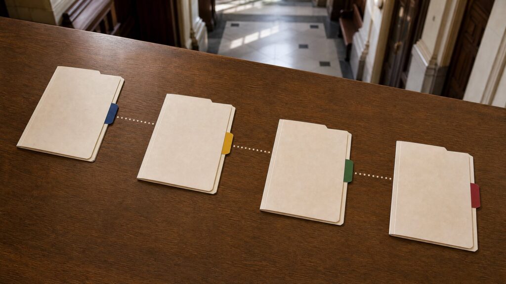 Four manila file folders with blue, yellow, green and red tabs in a row on a wooden table linked by a dotted line; blurred interior beyond.