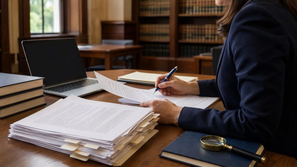Hands holding and marking printed pages at a wooden table with laptop, stacked documents, books, and a magnifying glass.