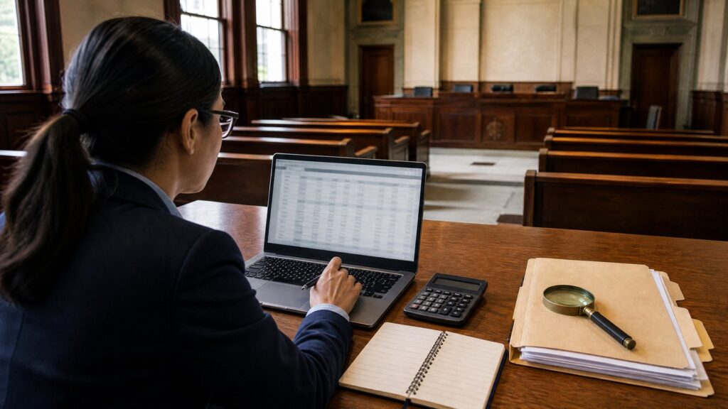 Person with glasses and ponytail at a courtroom table using a laptop showing rows of data; notebook, calculator and a magnifying glass on folders.