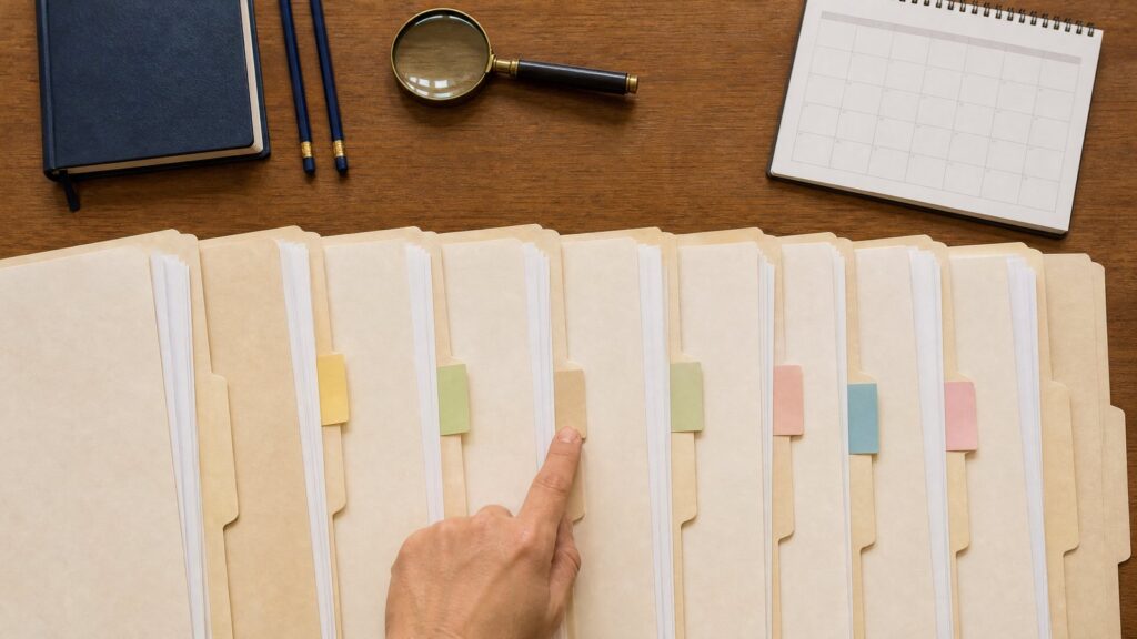 A hand points at a tab on one of several open manila file folders spread across a wooden desk, near a magnifying glass, pencils and a notebook.