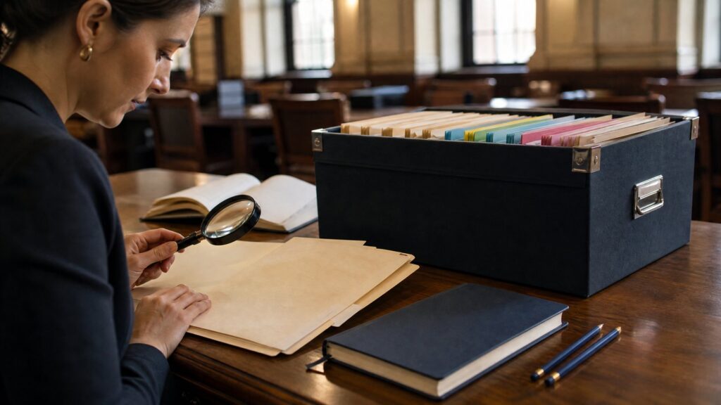 Woman leaning over a wooden table using a magnifying glass to inspect paper folders next to a box of color-coded file folders