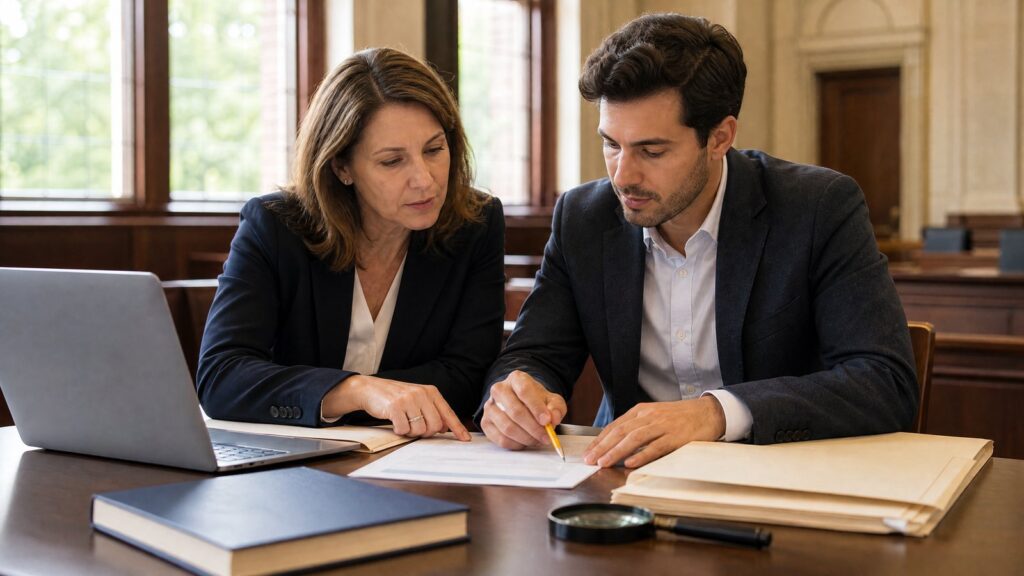A woman and a man sit at a wooden table in a formal room, pointing to and reading papers beside a laptop, folders, and a magnifying glass.