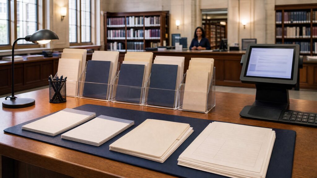 Blank forms and blue pamphlets in clear holders on a wood desk with a lamp, pen cup, touchscreen kiosk, and a blurred person at a counter.
