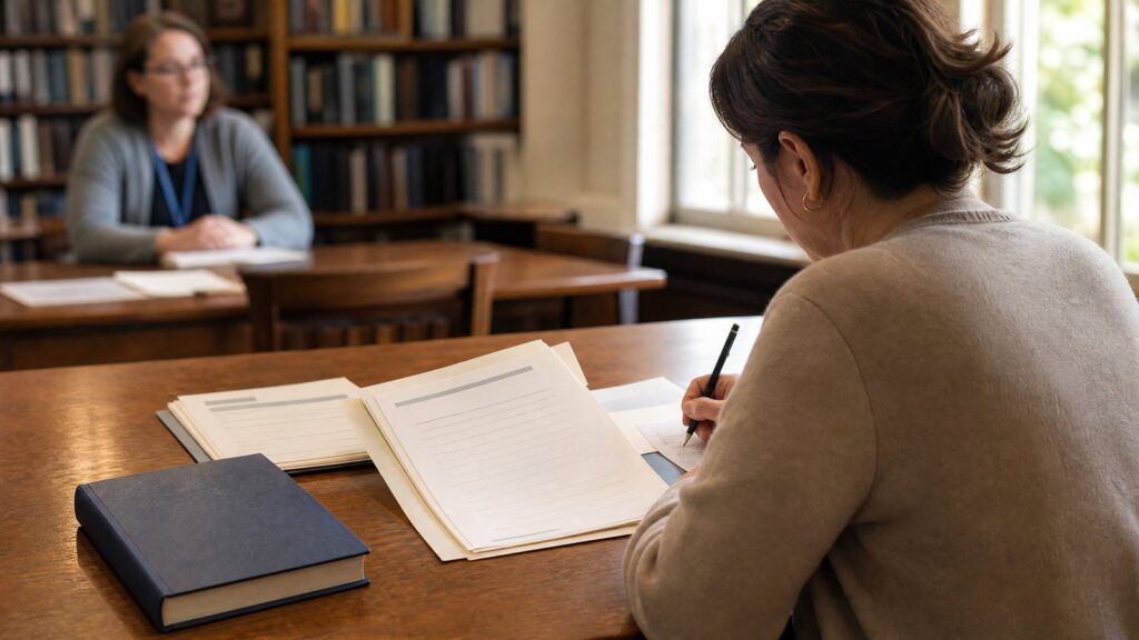 Woman at a wooden table filling out stacked, lined forms with a pen while another person sits blurred across the room near bookshelves.