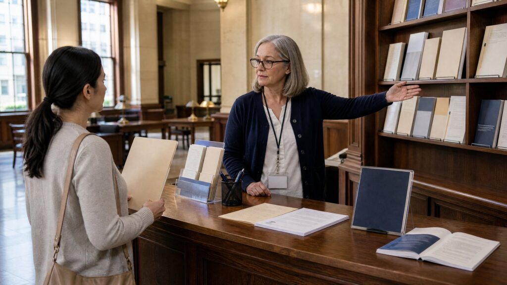 An older woman wearing glasses and a lanyard gestures to book-filled shelves behind a wooden counter while a younger woman holds a folder