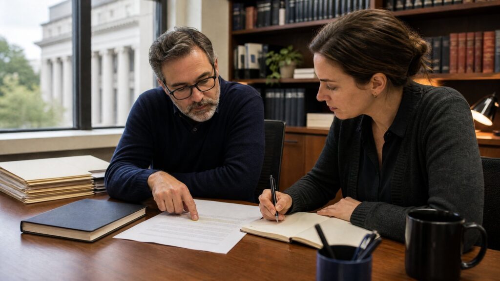 Man with glasses pointing to a printed page while a woman writes in a notebook at a wooden table with folders, books, and mugs.