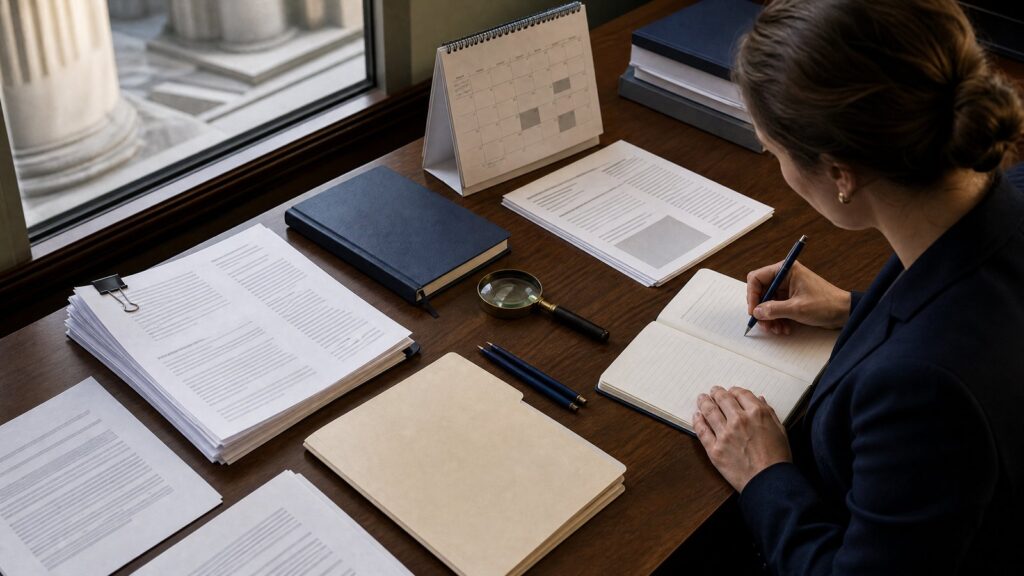 Person at a wooden desk by a window writing in a lined notebook, with stacks of papers, a manila folder, magnifying glass, pens and a calendar.