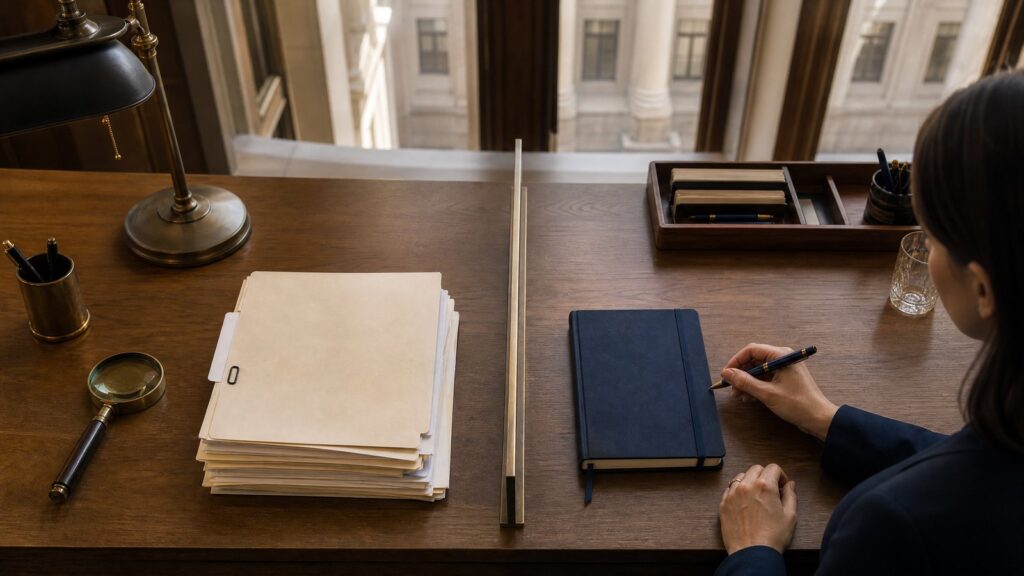 Wood desk with manila folders, magnifying glass, lamp and a navy notebook; a hand holds a pen poised to write.