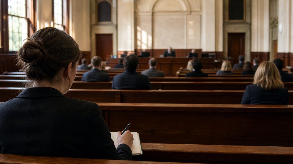 Rear view of a person with a hair bun writing in a notebook on a wooden bench while several others sit facing the front of a formal courtroom.