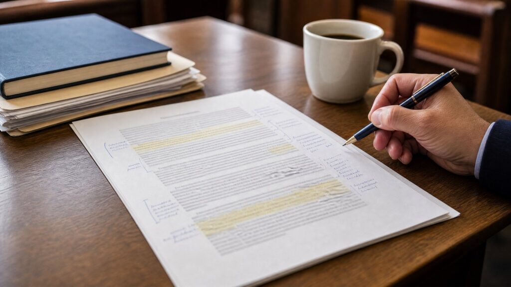Right hand holding a pen over printed pages with highlighted passages and marginal notes, beside a coffee mug and stacked books on a desk.