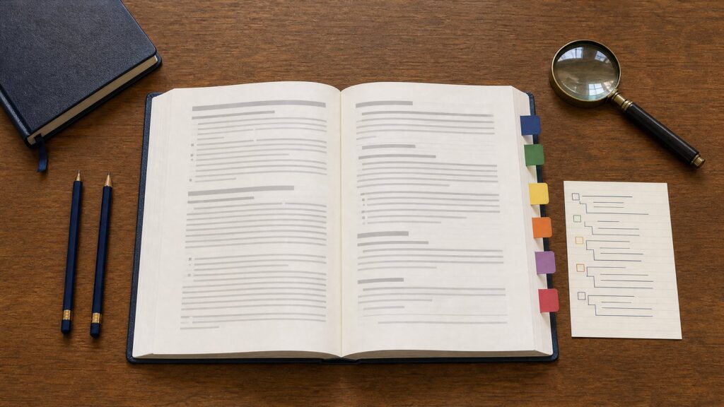 Open book with colored page tabs and faint printed lines on a wooden desk, two blue pencils, a magnifying glass, and a checklist card.