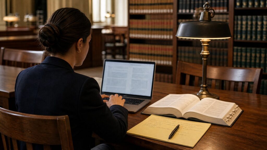 Person with hair in a bun typing on a laptop at a wooden library table next to an open reference book, yellow notepad, pen and brass lamp.