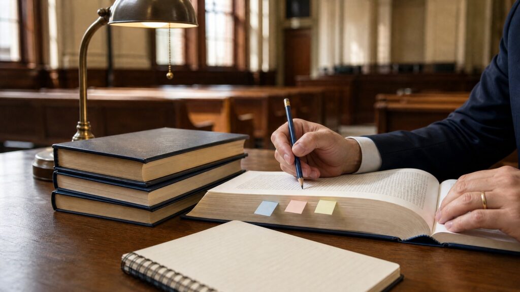 Hands holding a pencil, marking an open book with three sticky tabs, next to a stack of books, a lamp, and a notebook on a table.