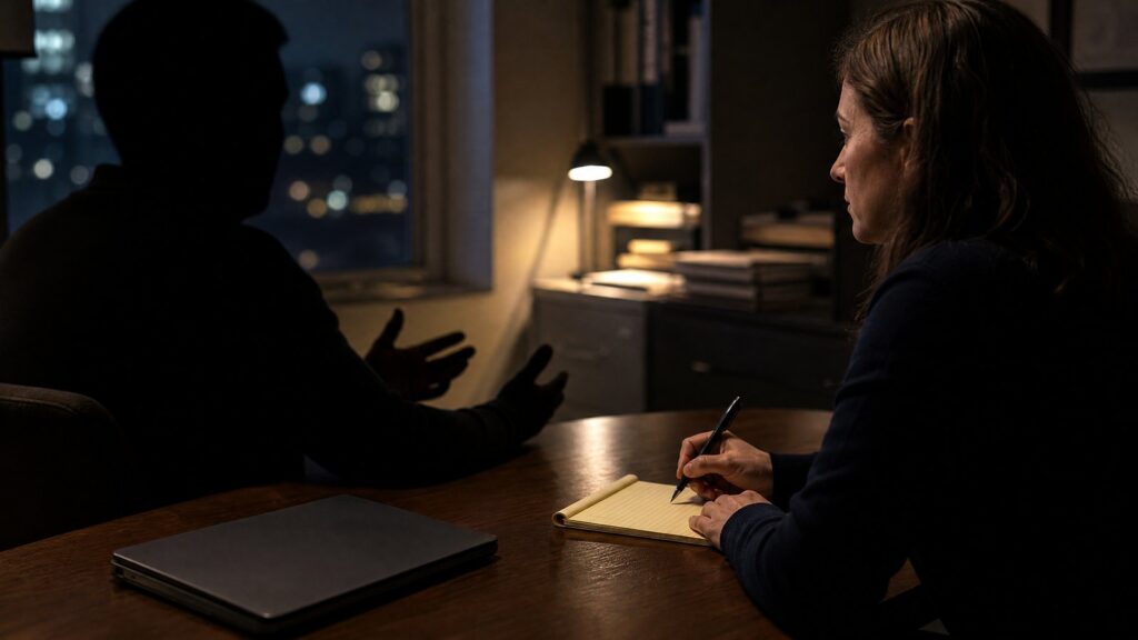 Woman writing on a yellow notepad at a wooden table while a silhouetted person gestures across from her; closed laptop and lamp in a dim room.