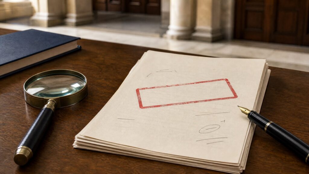 Stack of papers with a red rectangular stamp, a magnifying glass, a black fountain pen and a closed book on a wooden desk, columns blurred behind