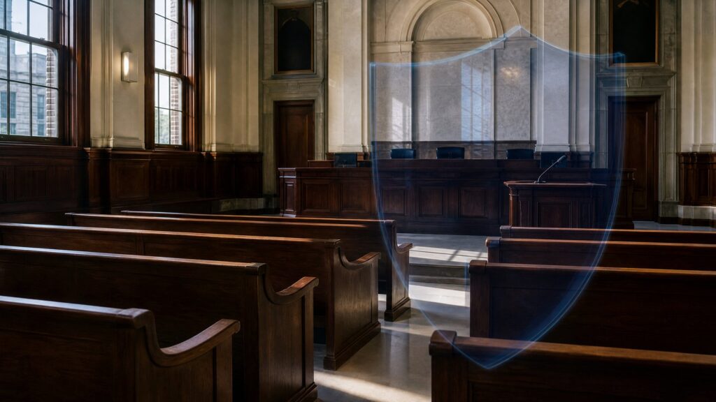 Empty wood-paneled courtroom with rows of benches, raised bench and podium with microphone, tall windows, and a translucent shield-shaped graphic.