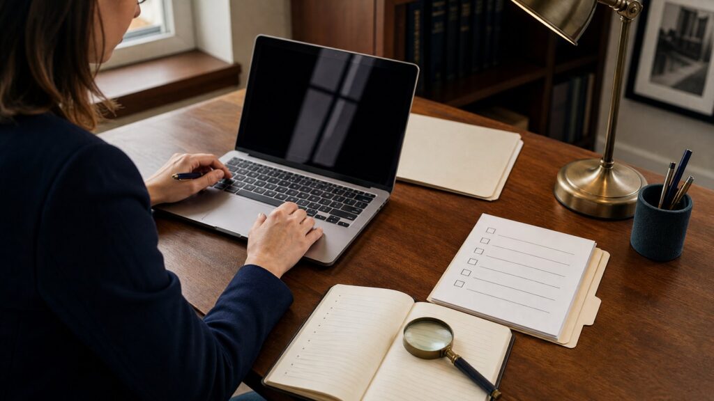 Person's hands typing on a laptop at a wooden desk with an open notebook, magnifying glass, checklist pad and desk lamp.