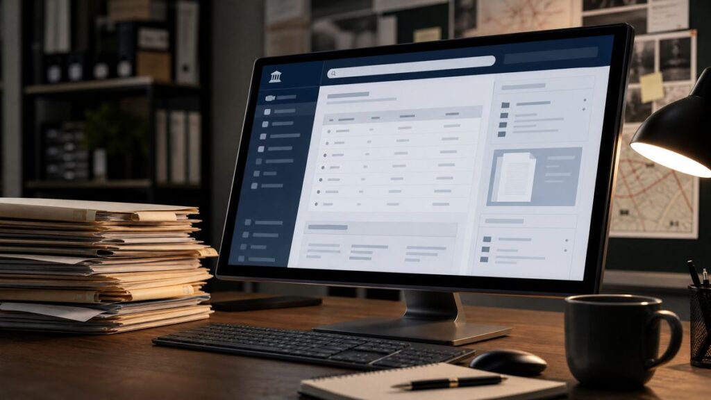 A researcher verifying public court records on a laptop