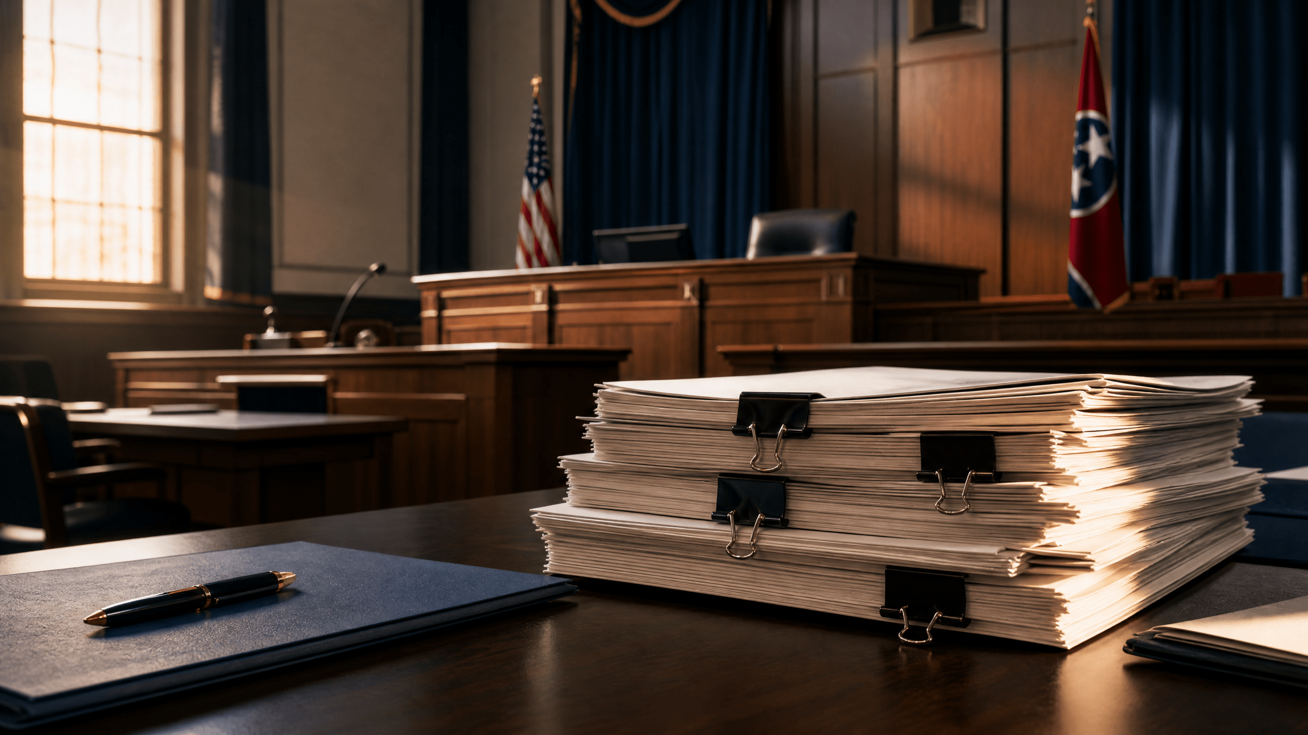 Empty Tennessee courtroom with soft morning light illuminating counsel tables and a neat stack of unlabeled court filings, conveying procedure without people.