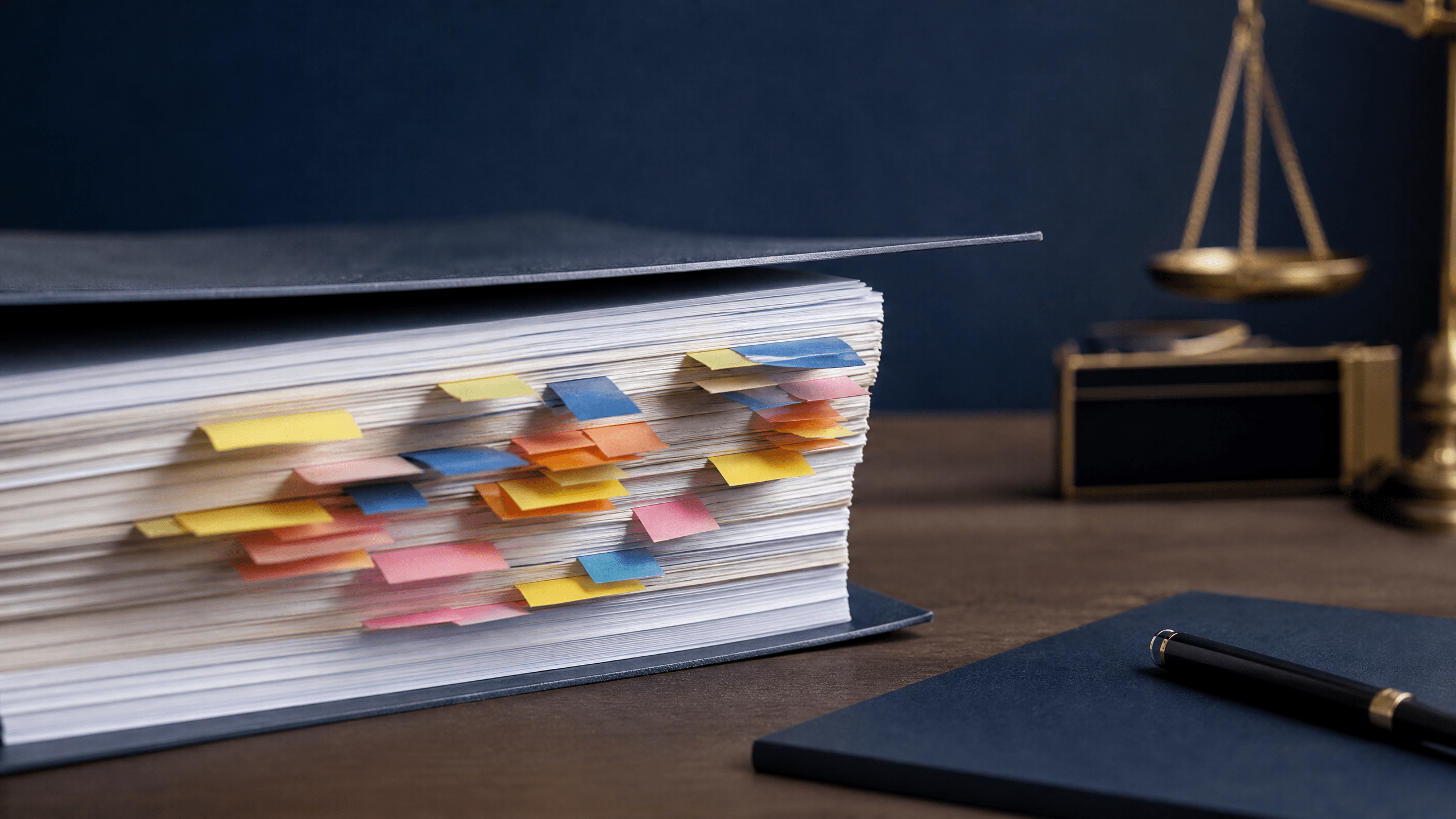 Close-up of a court filing thick with pages and color-coded flags on a desk, with all page text out of focus to emphasize organization without specifics.