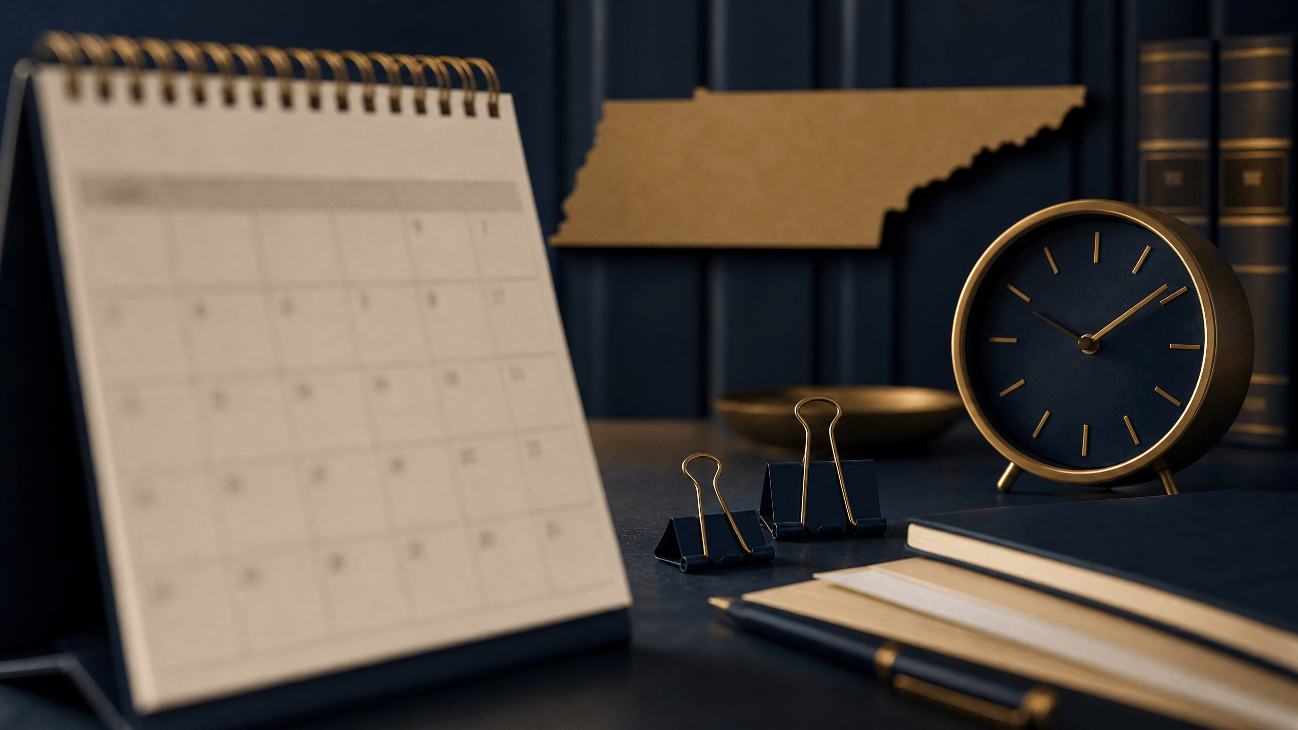 Analog desk calendar and small clock next to binder clips on a table, with dates blurred to evoke scheduling without specific case details.