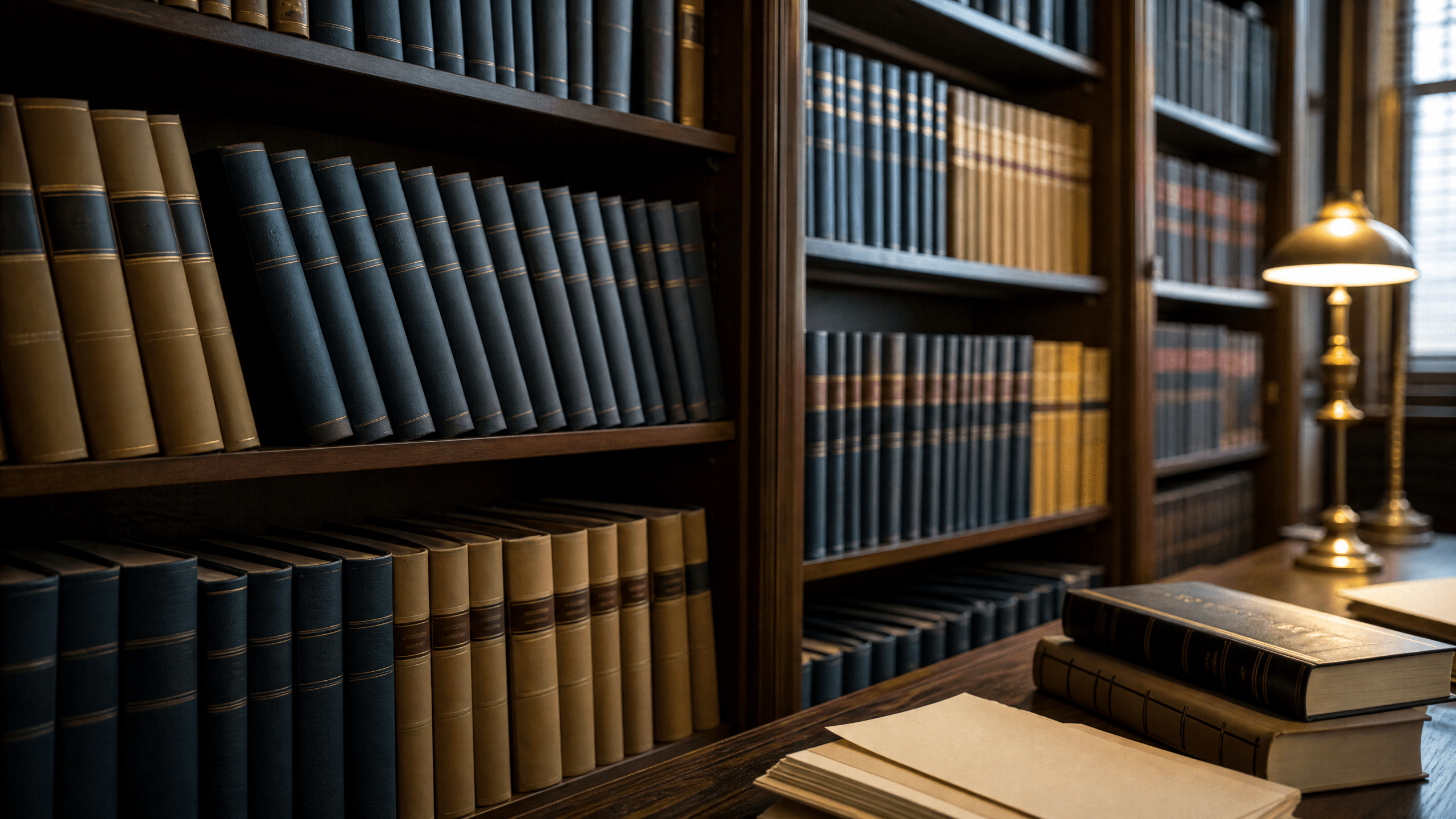 Rows of legal books on library shelves with titles not visible, evoking research and procedure without identifying specific publications.