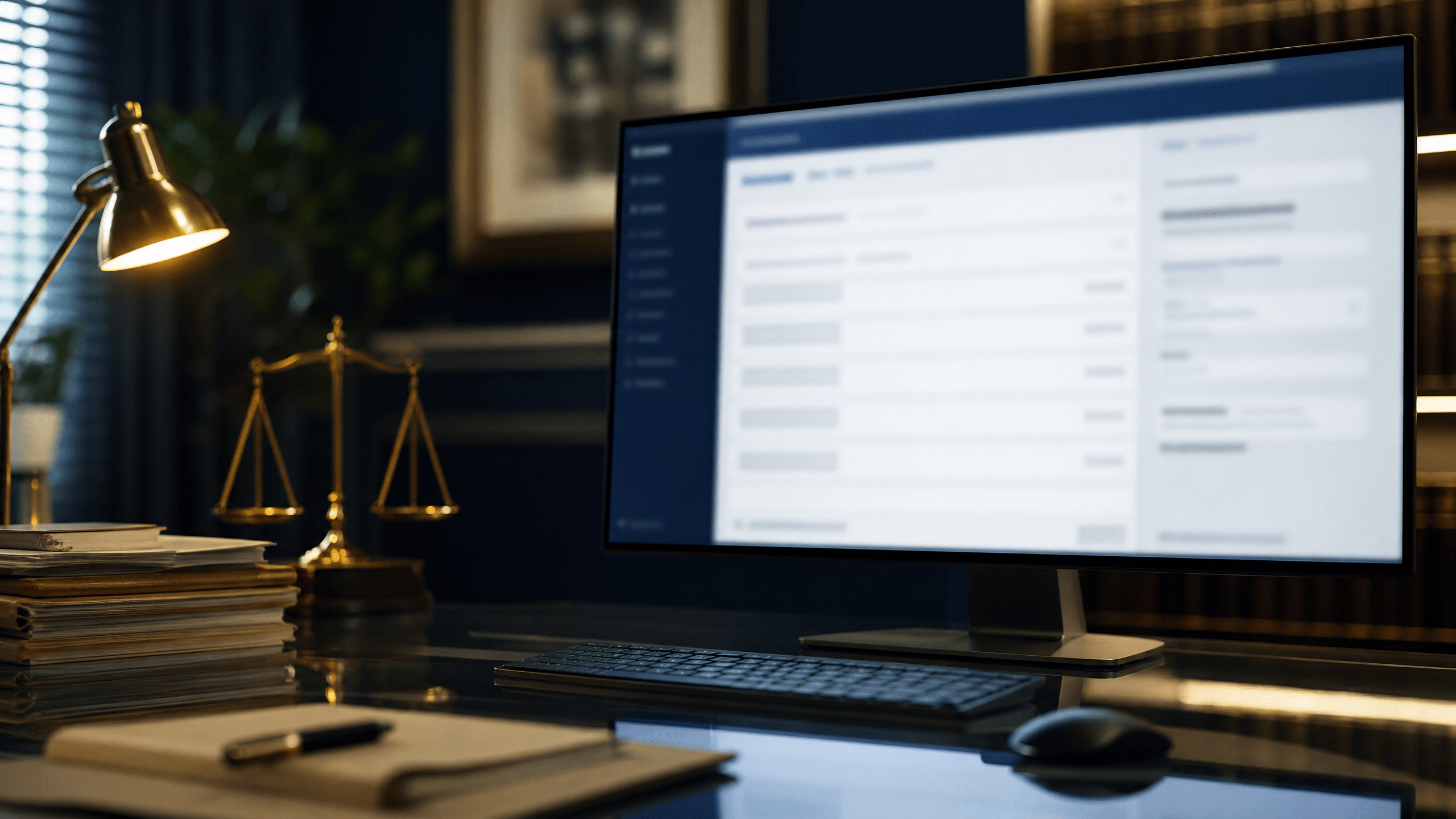 Blurred e-filing screen reflected on a glass desk, avoiding any legible text while conveying digital court document management.