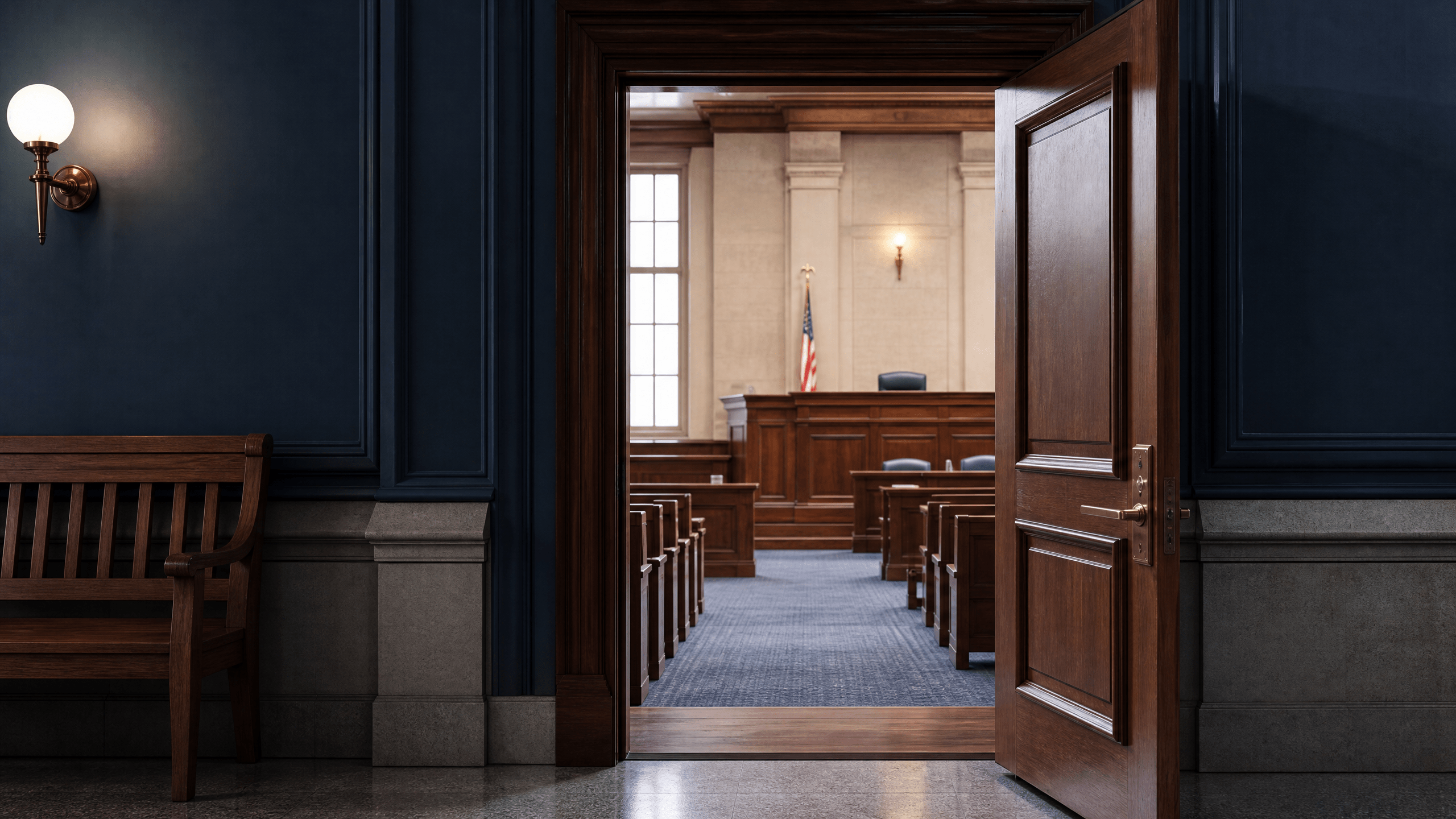 An open wooden door leading into an empty courtroom, symbolizing public access.
