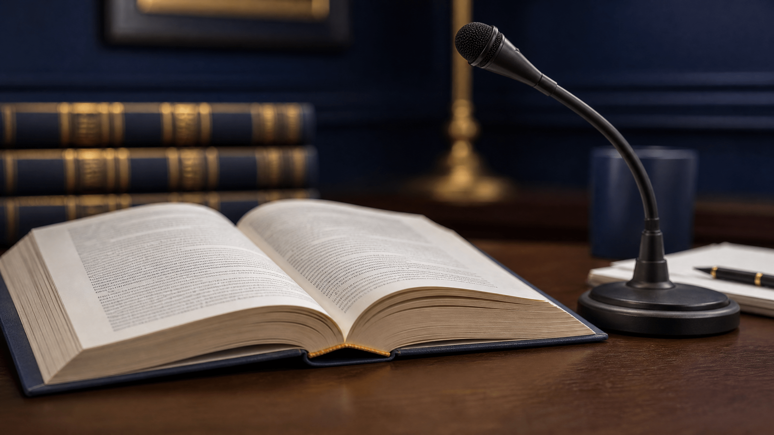 A blurred rulebook and a microphone on a desk, illustrating the procedural framework for recording.