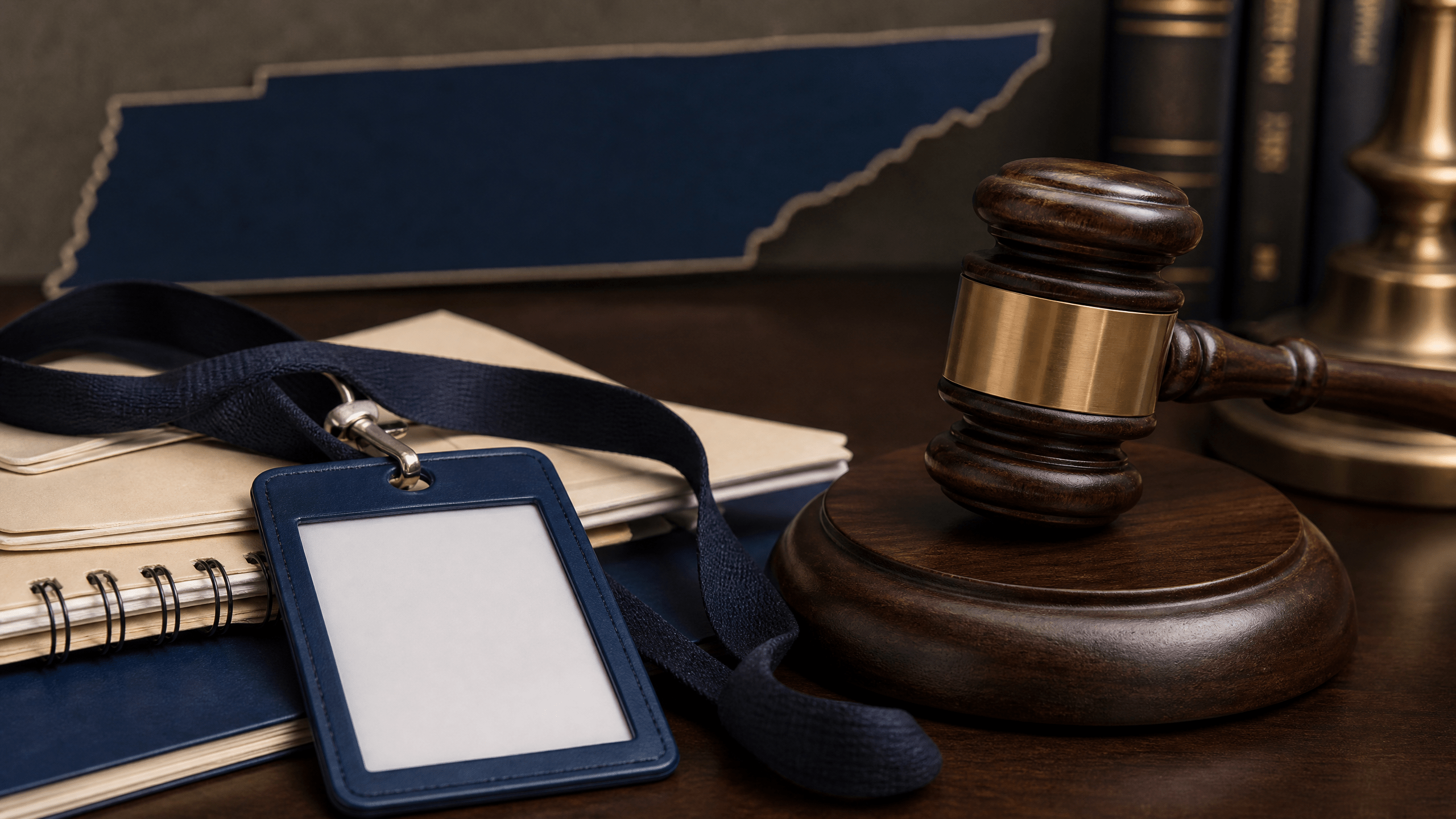 A gavel and a blank media badge lanyard on a desk, symbolizing the court’s authority over press access.